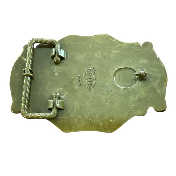 VTG Hunter Bowhunting Belt Buckle Brass Leather Archery Arrow Raintree USA 70s - Picture 5 of 10